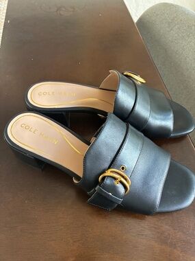 Cole Haan Black Leather Slide Mules with Gold Buckle Accent